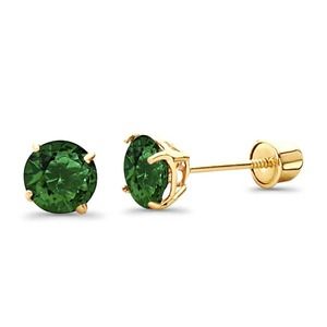 Solid 14K Yellow Gold Round Green CZ Stud Earrings Screw Back 5mm
